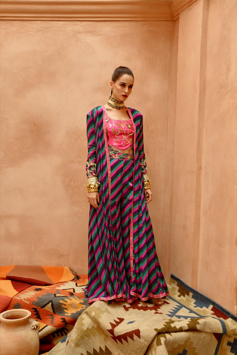 Multi colour Indi-leheriya kallidar jacket with sharara and scallop crop top