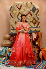 Red and coral ombre ruched lehenga with blouse and dupatta