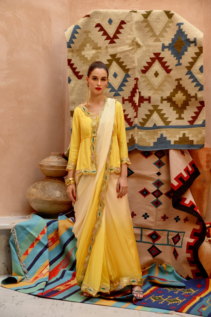 Butterscotch yellow ombre saree with kurti blouse.