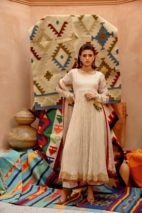 Fawn crushed anarkali set