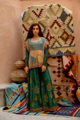 Fawn sheer sac cape with churidar full sleeve blouse and sharara