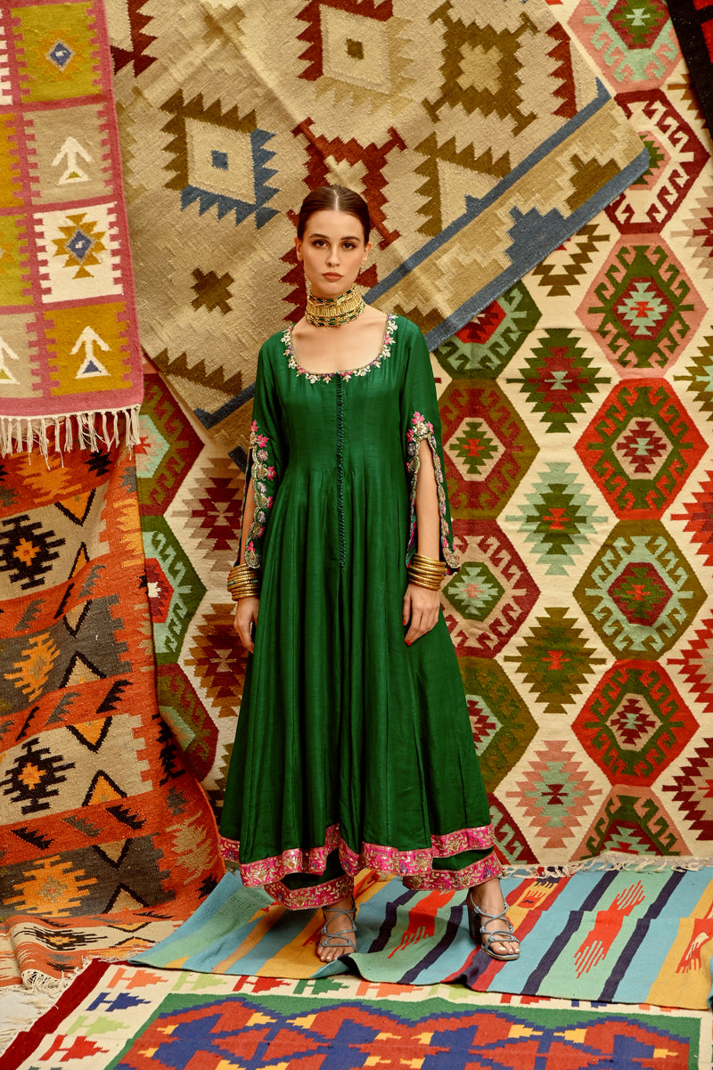 Emerald green Slit sleeve Anarkali set with Multi colour Indi-leheriya  Dupatta