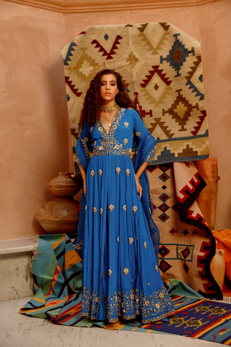 Cobalt Blue front open anarkali Jacket set with pant and dupatta