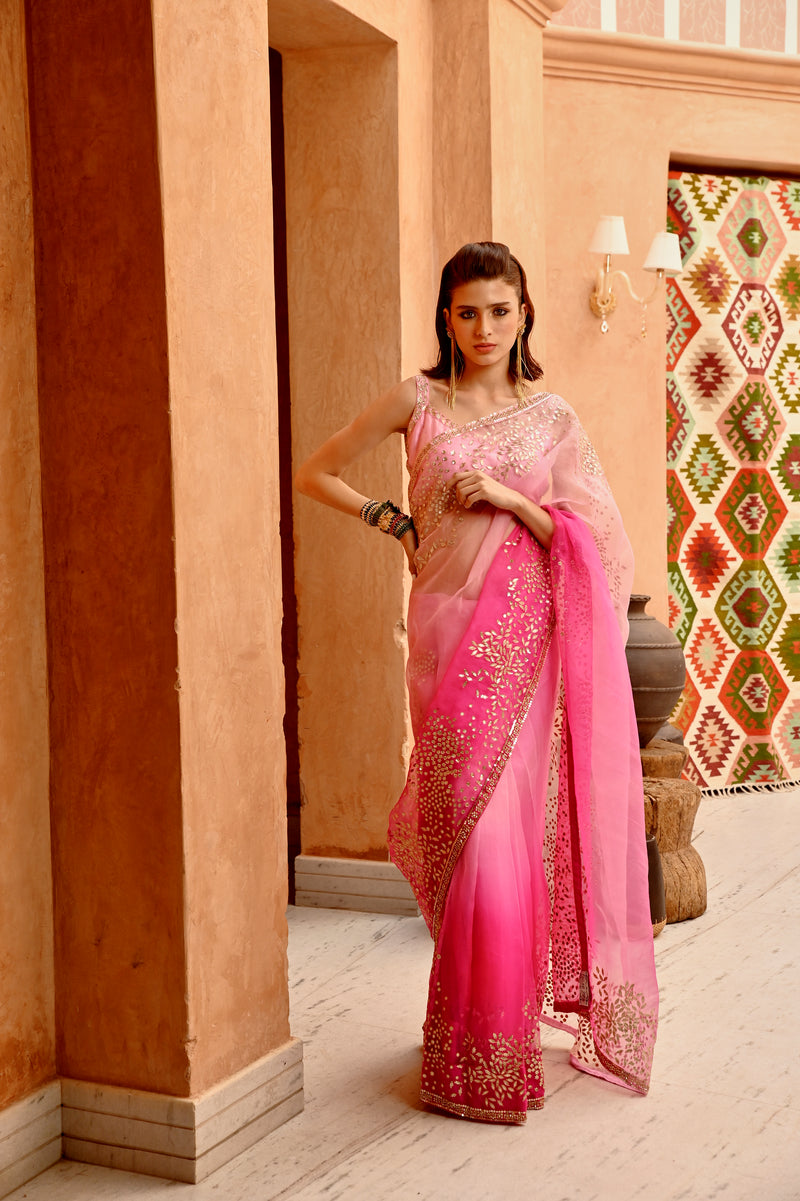 Rose pink ombre saree and blouse set
