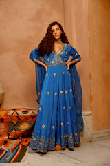 Cobalt Blue front open anarkali Jacket set with pant and dupatta