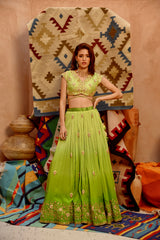 Lime green ombre ruched lehenga with blouse and dupatta