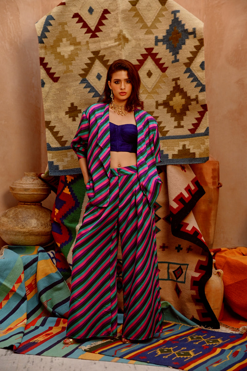 Multi-colour indi-leheriya oversized jacket with corset and papa pants