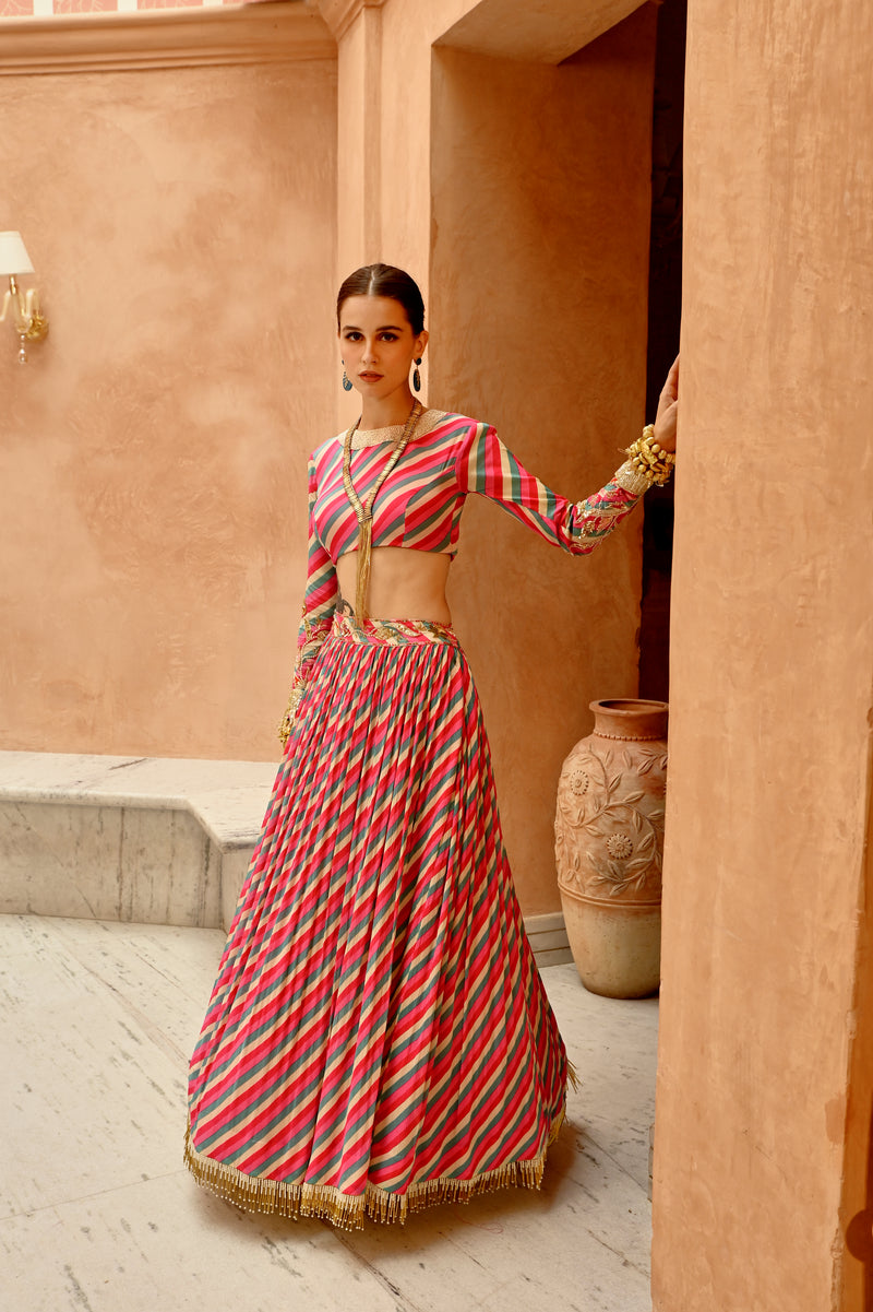 Hot pink indi-leheriya blouse with tassel lehenga and dupatta set