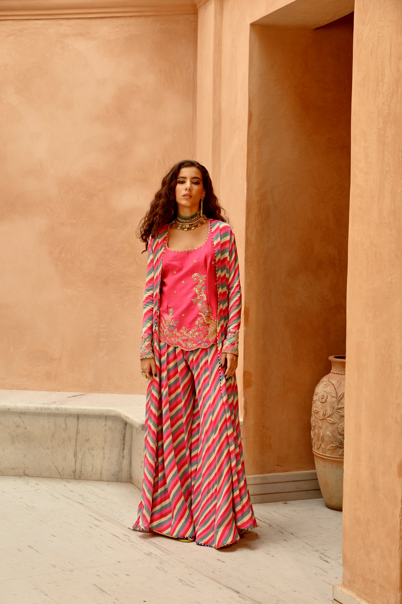 Hot pink Indie-leheriya magzi kali jacket and sharara with heritage kurti.