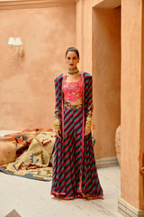 Multi colour Indi-leheriya kallidar jacket with sharara and scallop crop top