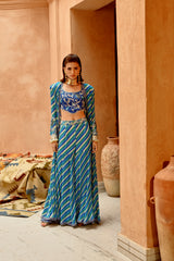 Blue Indi-leheriya kallidar jacket with sharara and scallop crop top