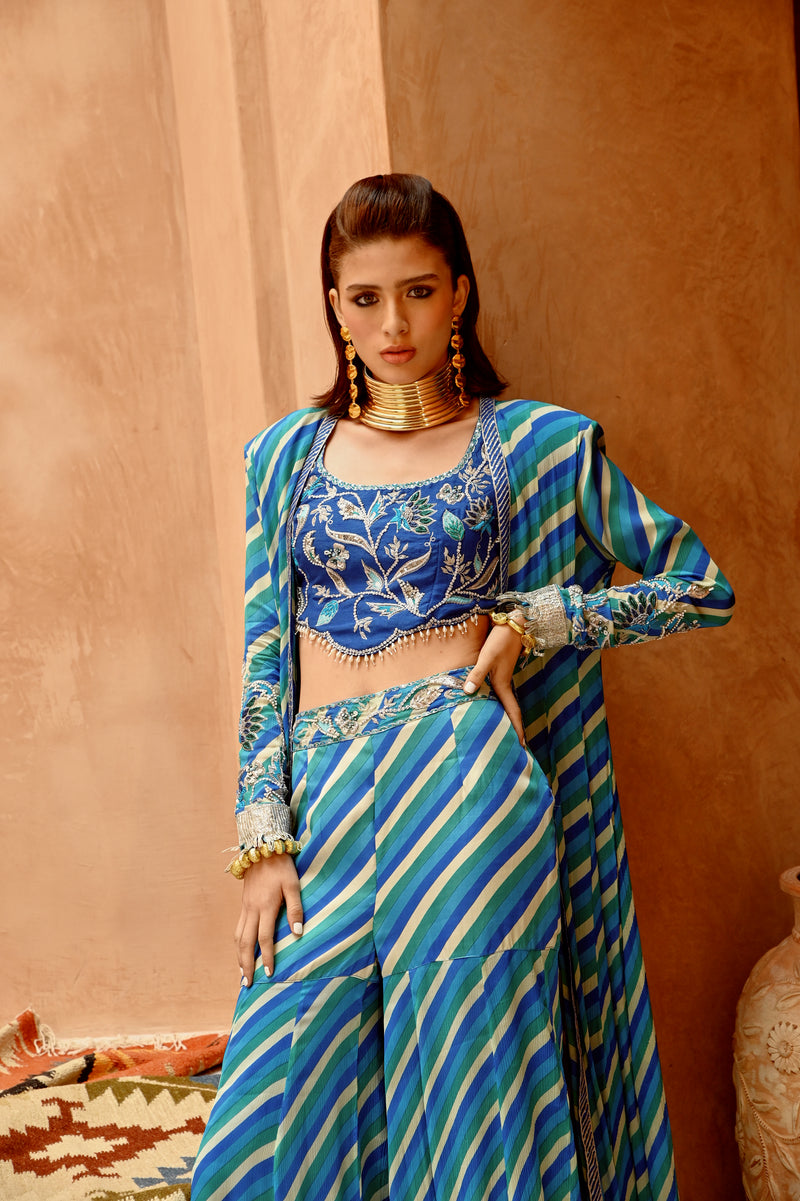 Blue Indi-leheriya kallidar jacket with sharara and scallop crop top