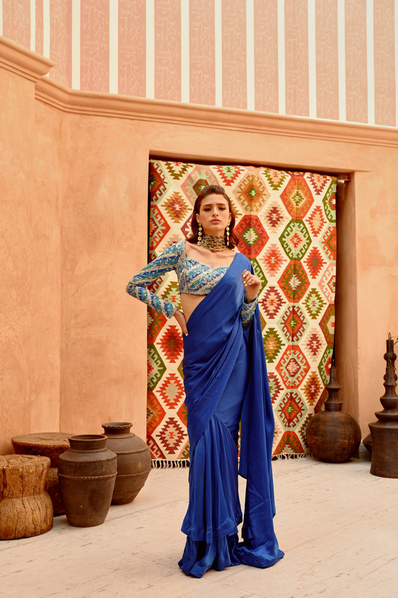 Cobalt blue drape saree with 'PRINCESS' blouse