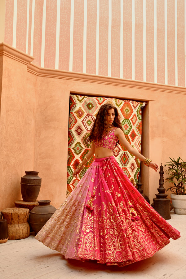 Hot pink Ombre 'QUEEN' lehenga with blouse and cape set