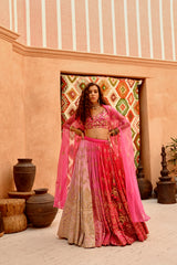 Hot pink Ombre 'QUEEN' lehenga with blouse and cape set