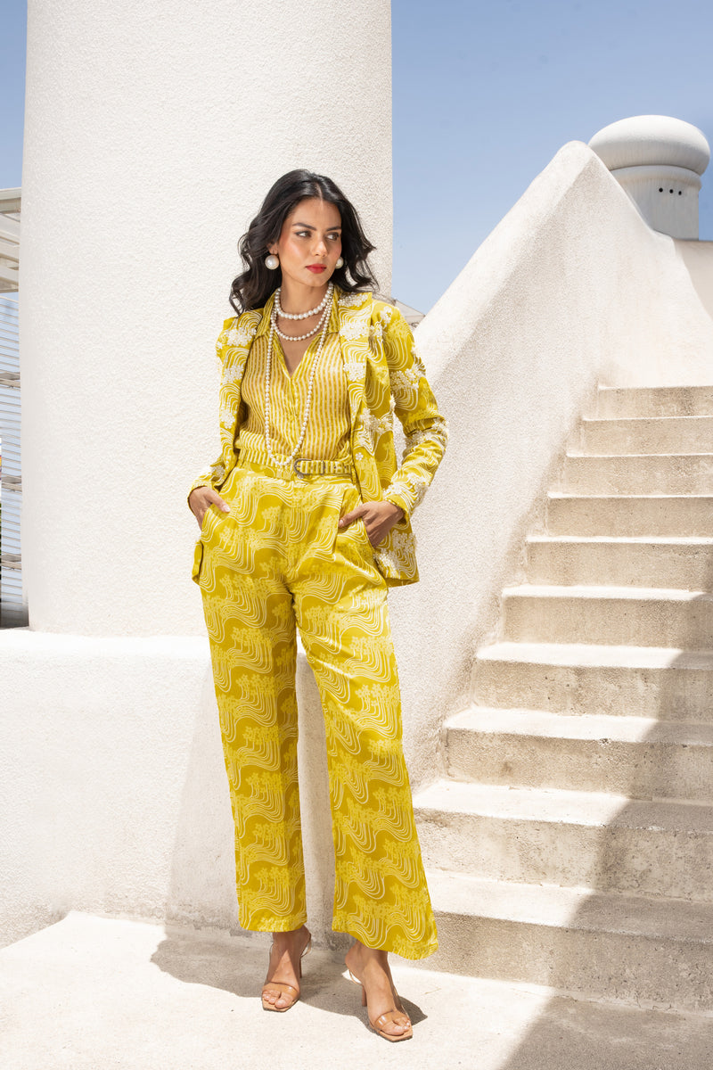 Gulbahar  Lemon green blazer, shirt & pant set