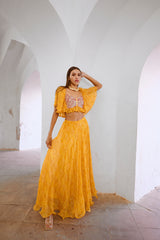 Gulbahar Marigold yellow jugnu sitara butterfly blouse with flair skirt set.