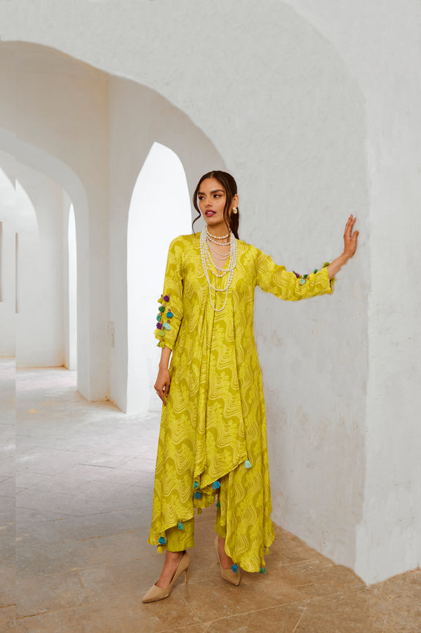 Gulbahar Lemon green tassel tunic pant set