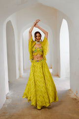 Gulbahar Lemon green  butterfly boho blouse with flair skirt set