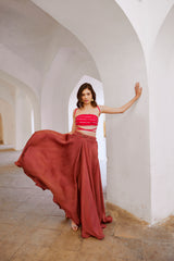 Gulbahar Red Bandeau string top with stripe skirt and belt set