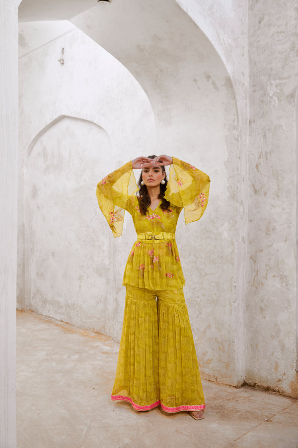 Gulbahar Lemon Green Guldasta tunic with jugnu Sharara and belt set