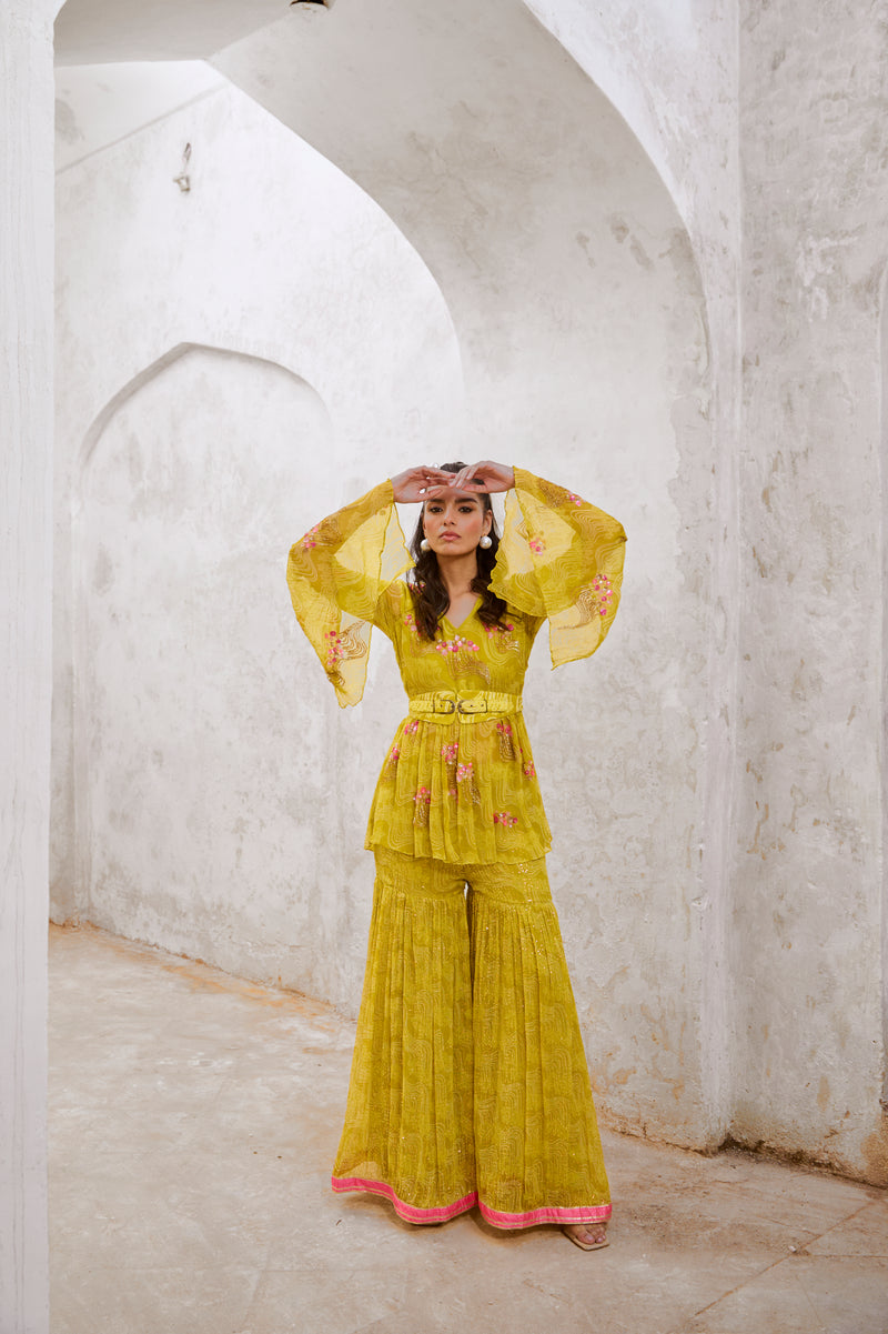 Gulbahar Lemon Green Guldasta tunic with jugnu Sharara and belt set