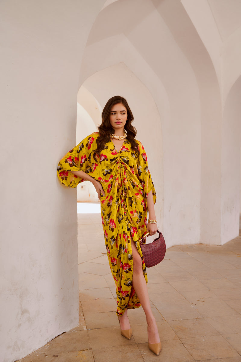 Gulbahar - Drawstring poppy kaftan dress