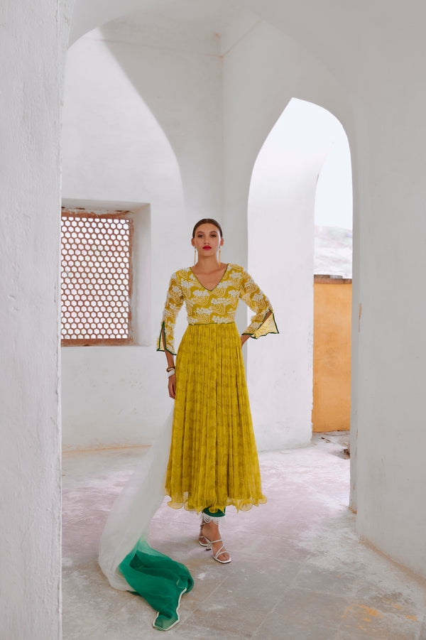 Lemon green Bahaar anarkali set