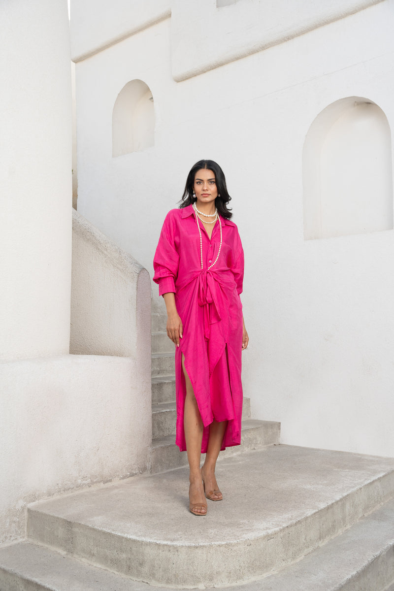 Gulbahar Hot pink tie-up shirt dress