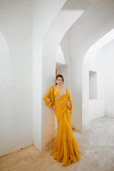 Marigold Gulbahar saree with balloon sleeve blouse set