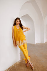 Gulbahar Marigold rose cutdana tunic with bow pant set