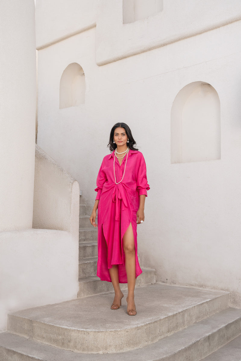 Gulbahar Hot pink tie-up shirt dress