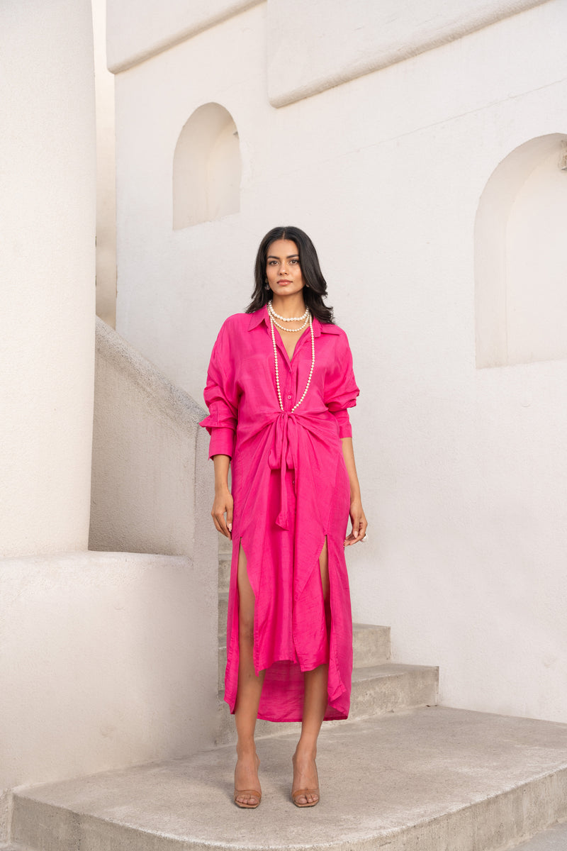 Gulbahar Hot pink tie-up shirt dress