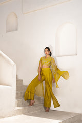 Gulbahar Olive  exaggerated sleeve top with flutter pant set.