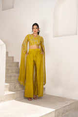 Gulbahar Olive  exaggerated sleeve top with flutter pant set.