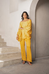 Gulbahar marigold off shoulder balloon sleeve top with pants set.