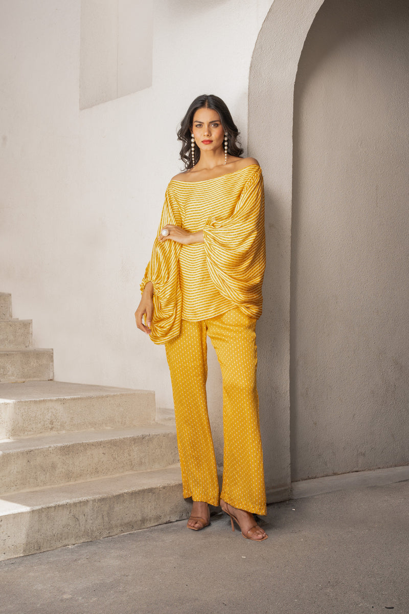 Gulbahar marigold off shoulder balloon sleeve top with pants set.