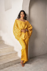 Gulbahar marigold off shoulder balloon sleeve top with pants set.