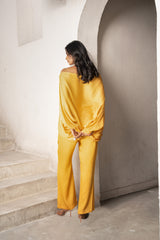 Gulbahar marigold off shoulder balloon sleeve top with pants set.