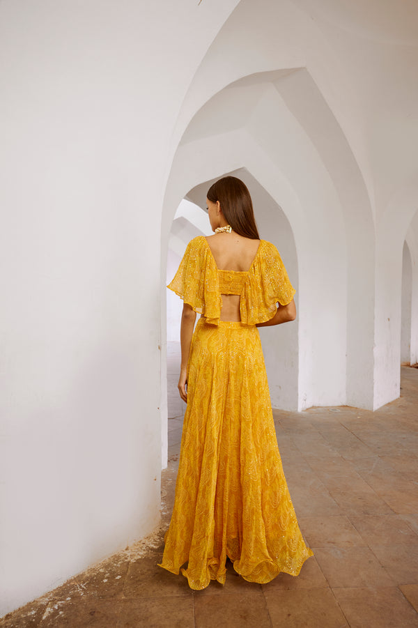 Gulbahar Marigold yellow jugnu sitara butterfly blouse with flair skirt set.