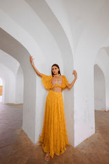 Gulbahar Marigold yellow jugnu sitara butterfly blouse with flair skirt set.