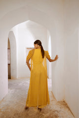 Gulbahar Daisy Yellow Sheesha Koti with Chiffon jacket and loose pant set