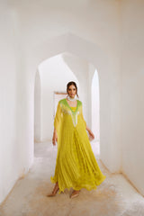 Gulbahar lemon green bling kaftan dress set