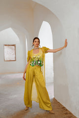 Gulbahar lemon green Sheesha Koti with Chiffon jacket and loose pant set