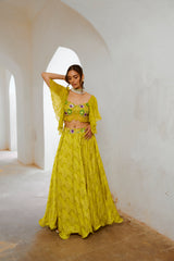 Gulbahar Lemon green  butterfly boho blouse with flair skirt set