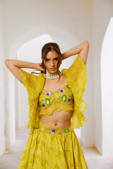 Gulbahar Lemon green  butterfly boho blouse with flair skirt set