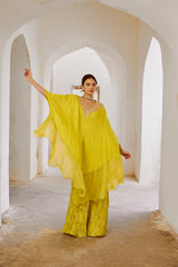 Gulbahar Lemon Green frill  Kaftaan with widelegged palazzo.