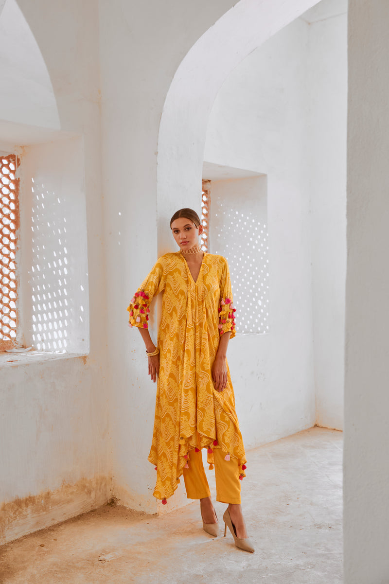 Gulbahar Marigold Yellow tassel tunic pant set