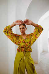 Gulbahar Bumble bee green boho frill top with inner & fall pants set.