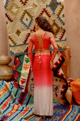 Hot Red stretch satin corset with ombre drape skirt set